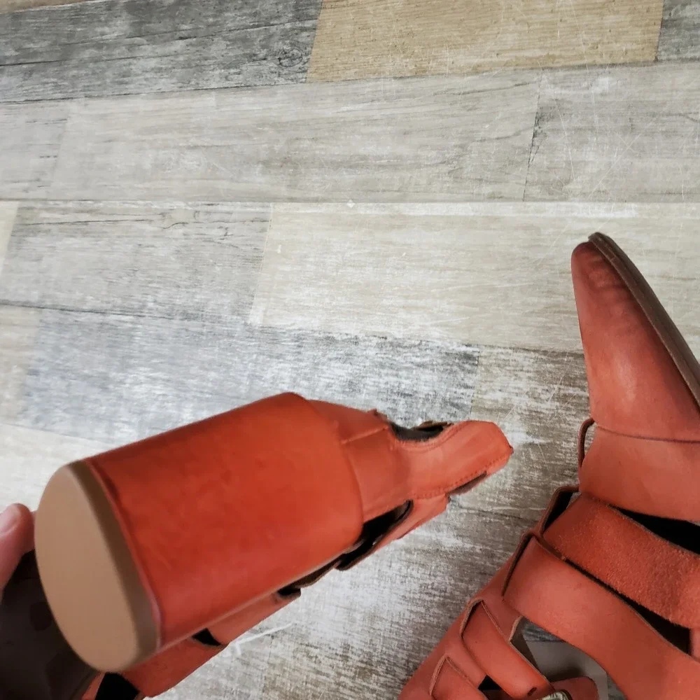AS98‎ Evie Booties Orange Suede Strappy Cut Out Block Heel Sz 6.5 - 7 EU 37 NWOB